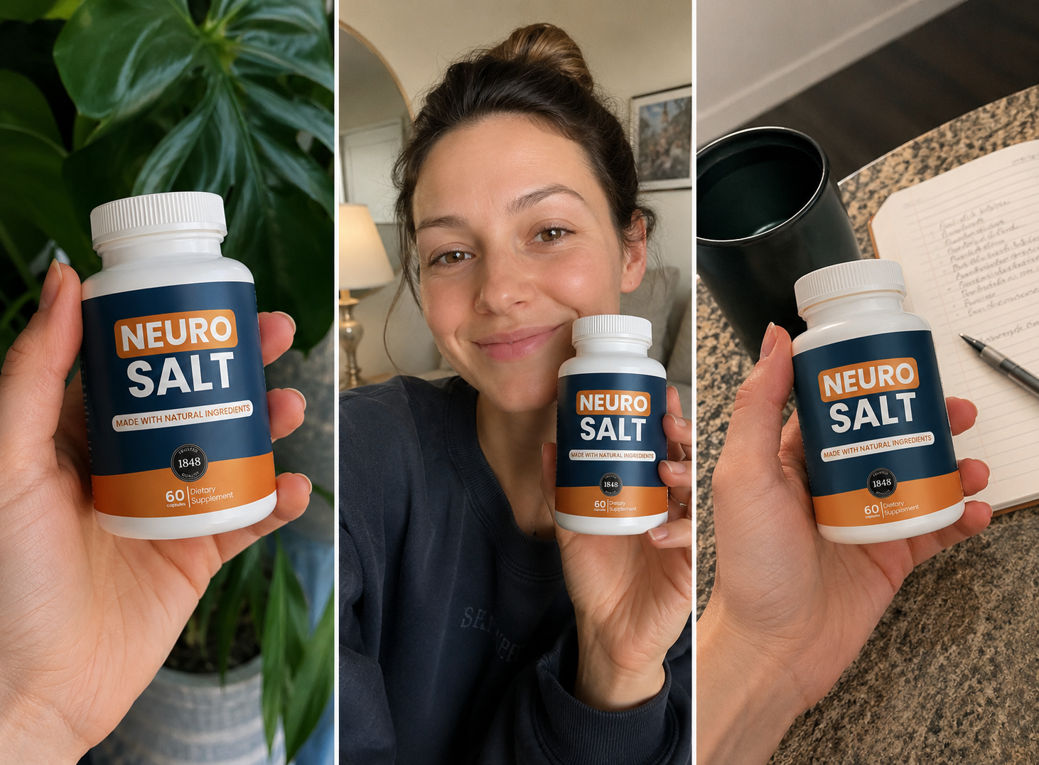 Verified NeuroSalt customer holding her bottle at home